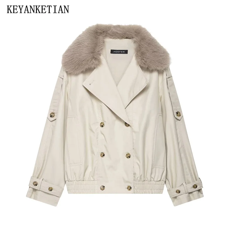 

Autumn New Women's Fur Collar Double Breasted Shoulder Patch Short Waterproof Windbreaker Jacket Women Coat