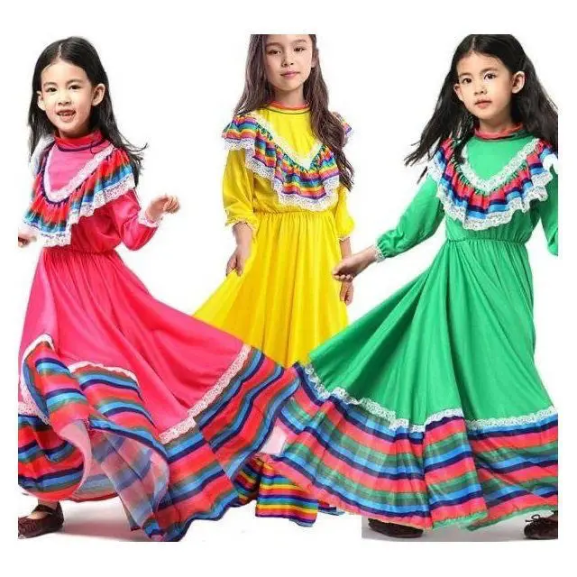 

Женское мексиканское платье, костюм на день рождения, Хэллоуин, Мексиканская юбка для фламенко, желто-зеленое длинное широкое танцевальное платье