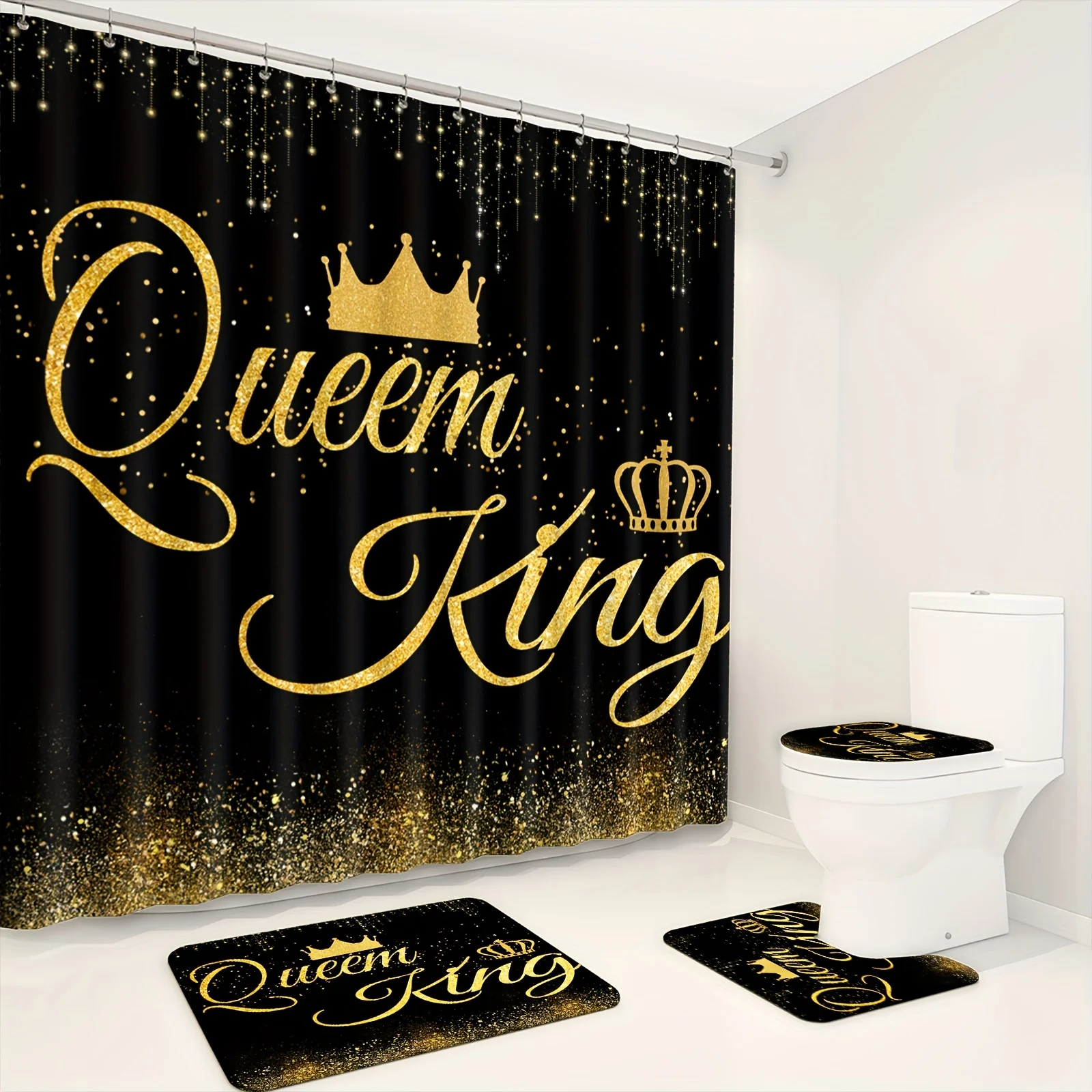 

Luxury Queen & King Bathroom Set - Waterproof Shower Curtain, Ultra-Soft Floor Mats, Toilet Lid Cover, and Contour Mat