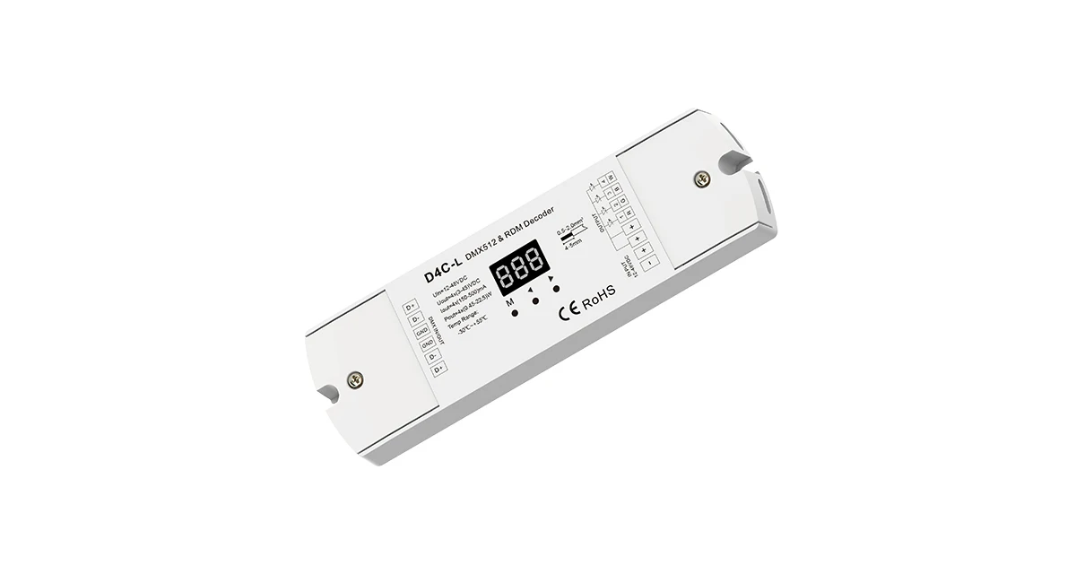 D4C-L dekoder 12-48VDC DMX512 RDM 150-500MA lub 350-1200MA kontroler LED 4-kanałowy prąd stały PWM dla RGB dioda LED RGBW światła