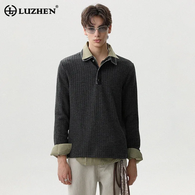 

LUZHEN поддельный двухсекционный лоскутный двухслойный дизайн, вязаный пуловер с длинными рукавами, мужской осенний элегантный повседневный свитер 2025 года JY3942