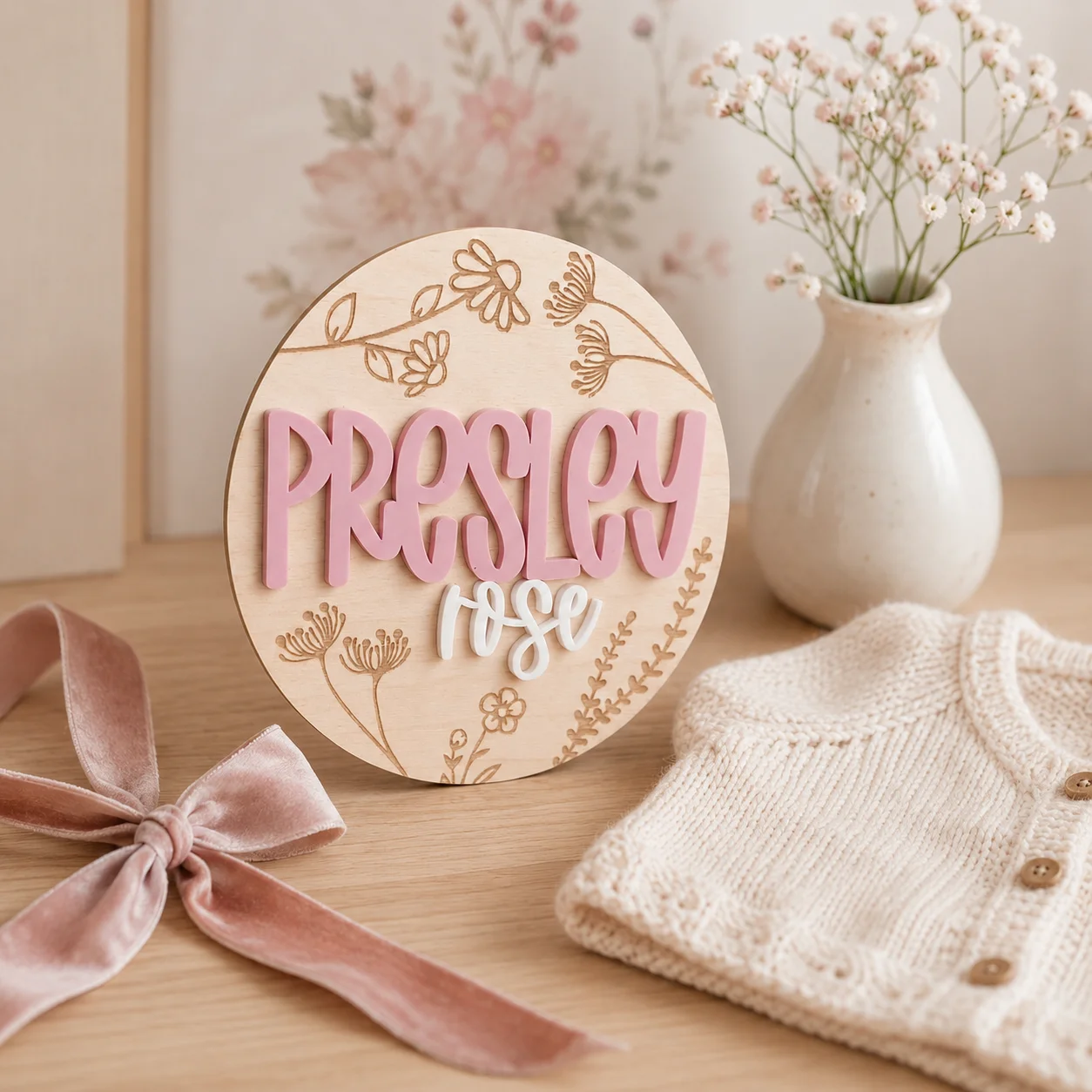 Custom Round Floral Baby Name Wooden Name Plaque With Engraved Wildflowers, Boho Girls Nursery Ornament, Baby Shower Gift
