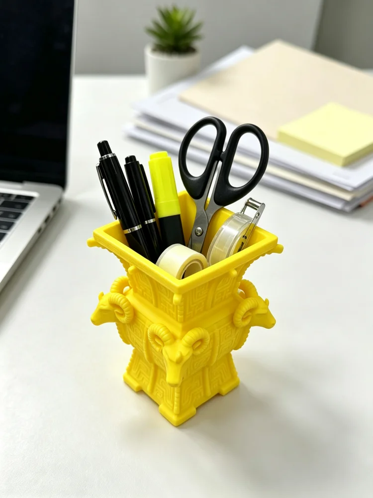 Chinese-style cultural ornament, Siyang Fangzun pen holder, finely carved patterns, antique-style vase pen container, PLA material desktop pen organizer, multifunctional makeup brush organizer, anti-tipping base to keep the desktop tidy, decoration for desks, bookshelves, and dressing tables, student office supplies, a creative gift for art enthusiasts