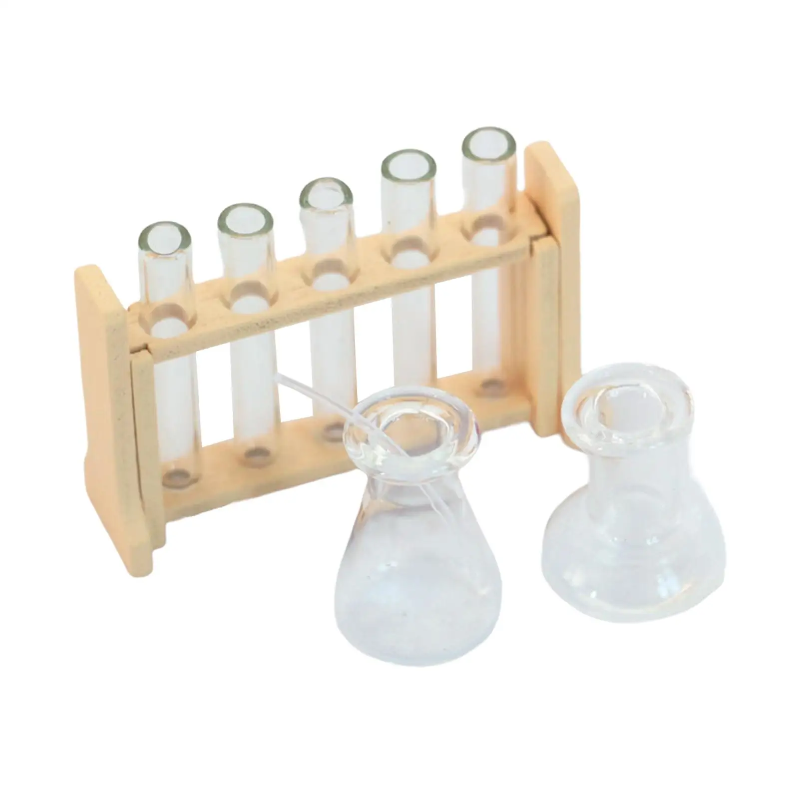 Miniature Test Tube Set 1 12 Scale Dollhouse Science Lab Decor Wood Glass Rack Toys for Doll House Scene Accessories