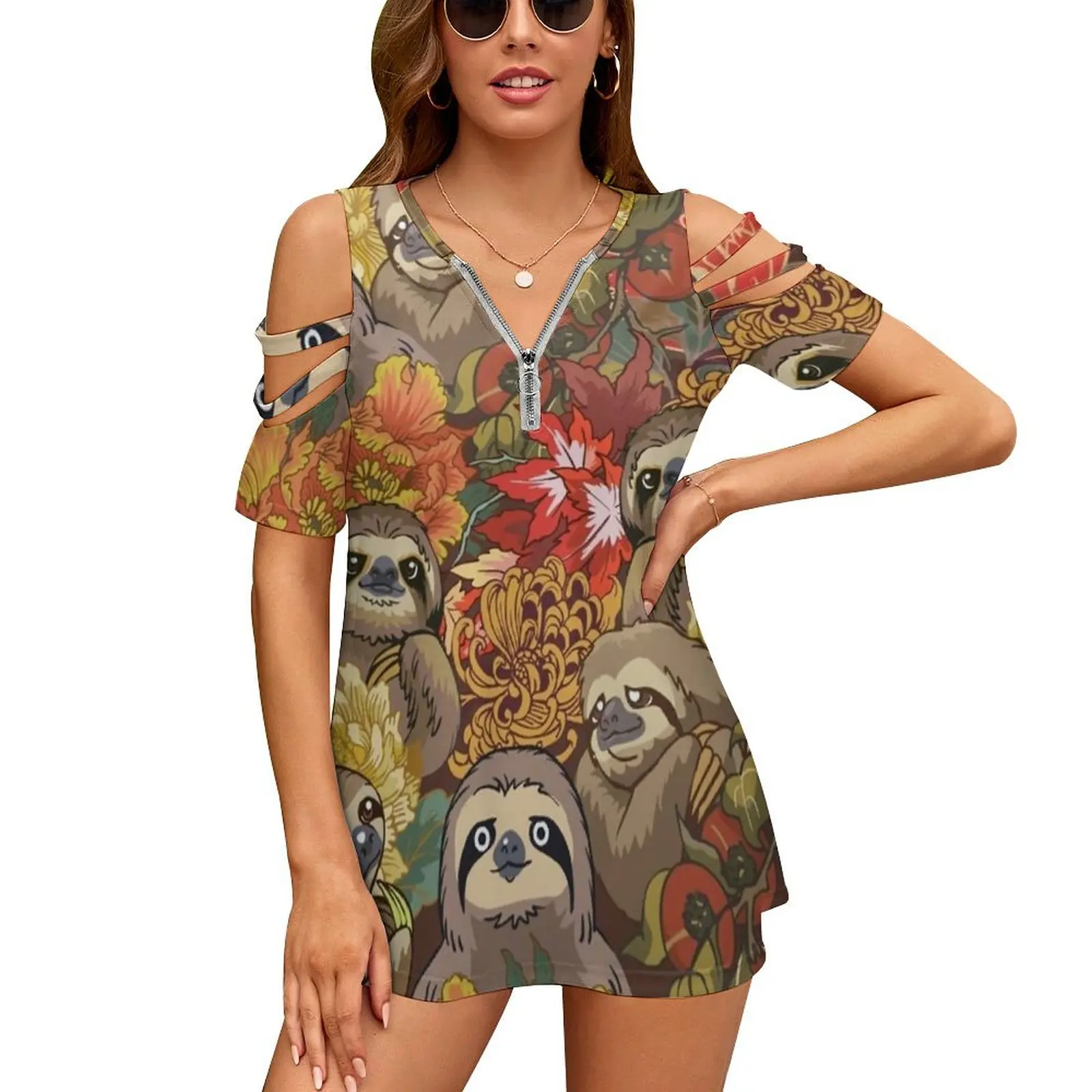 Weil Sloths Herbst Neue Mode Zip Off Schulter Top Kurze-Hülse Frauen Hemd Sloth Blume Herbst