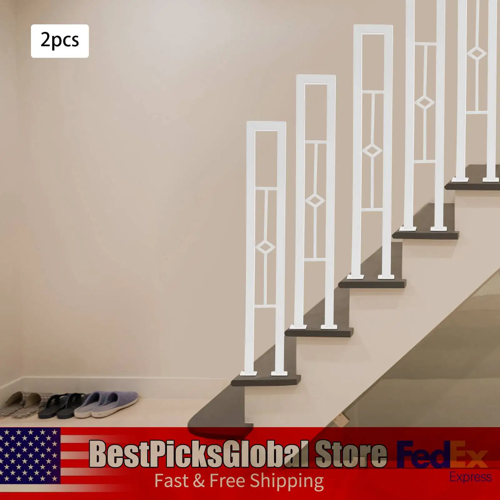 قطعتان من درابزين الدرج على شكل حرف U، نمط ماسي، أبيض/أسود، قضبان يدوية حديدية مزخرفة للممر، ارتفاع 35.43 بوصة