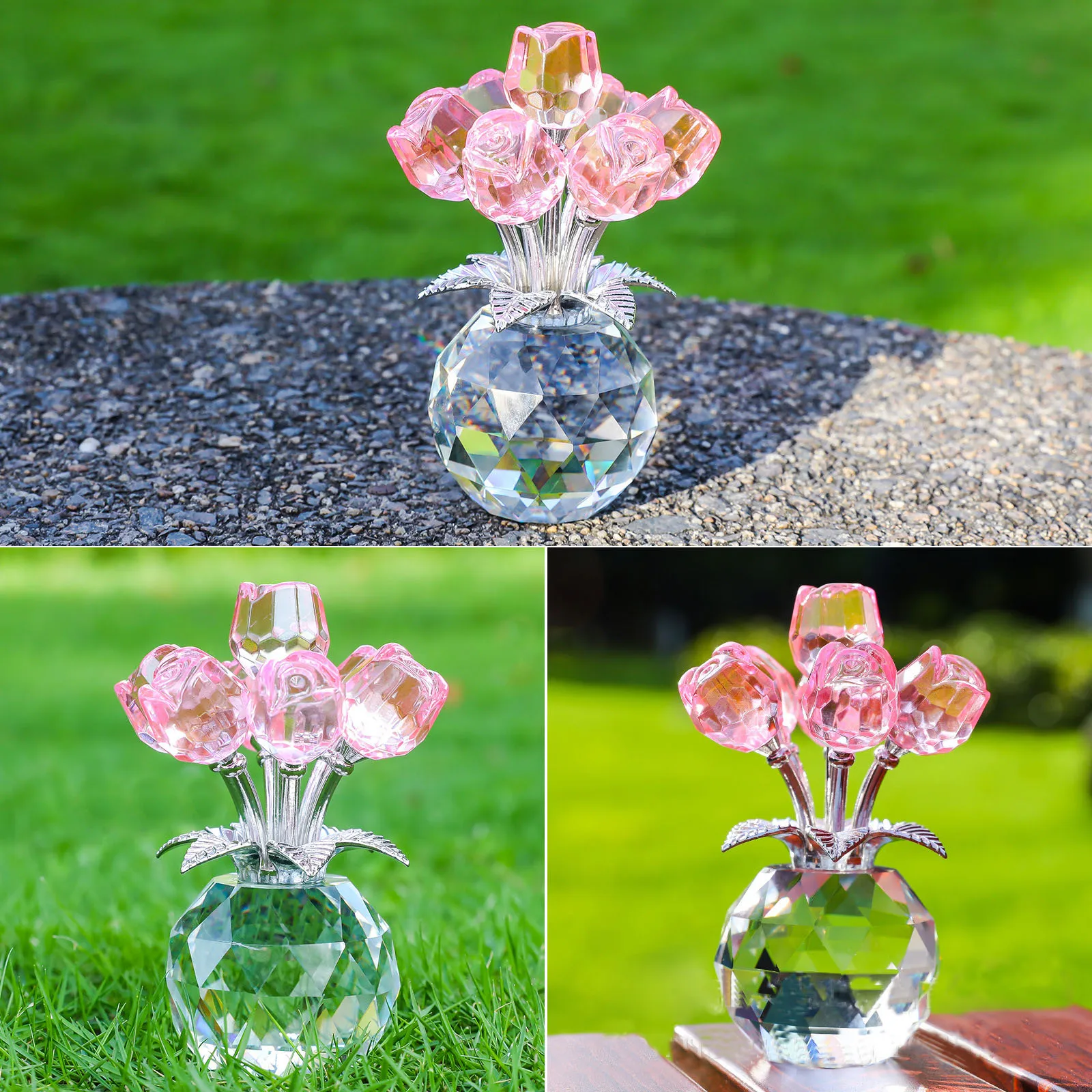 Hue Reflection Crystal Rose Flower Glass Feng Shui Decor Sturdy Lucky Charm Home Decoration Figurine for Enhancing Energy