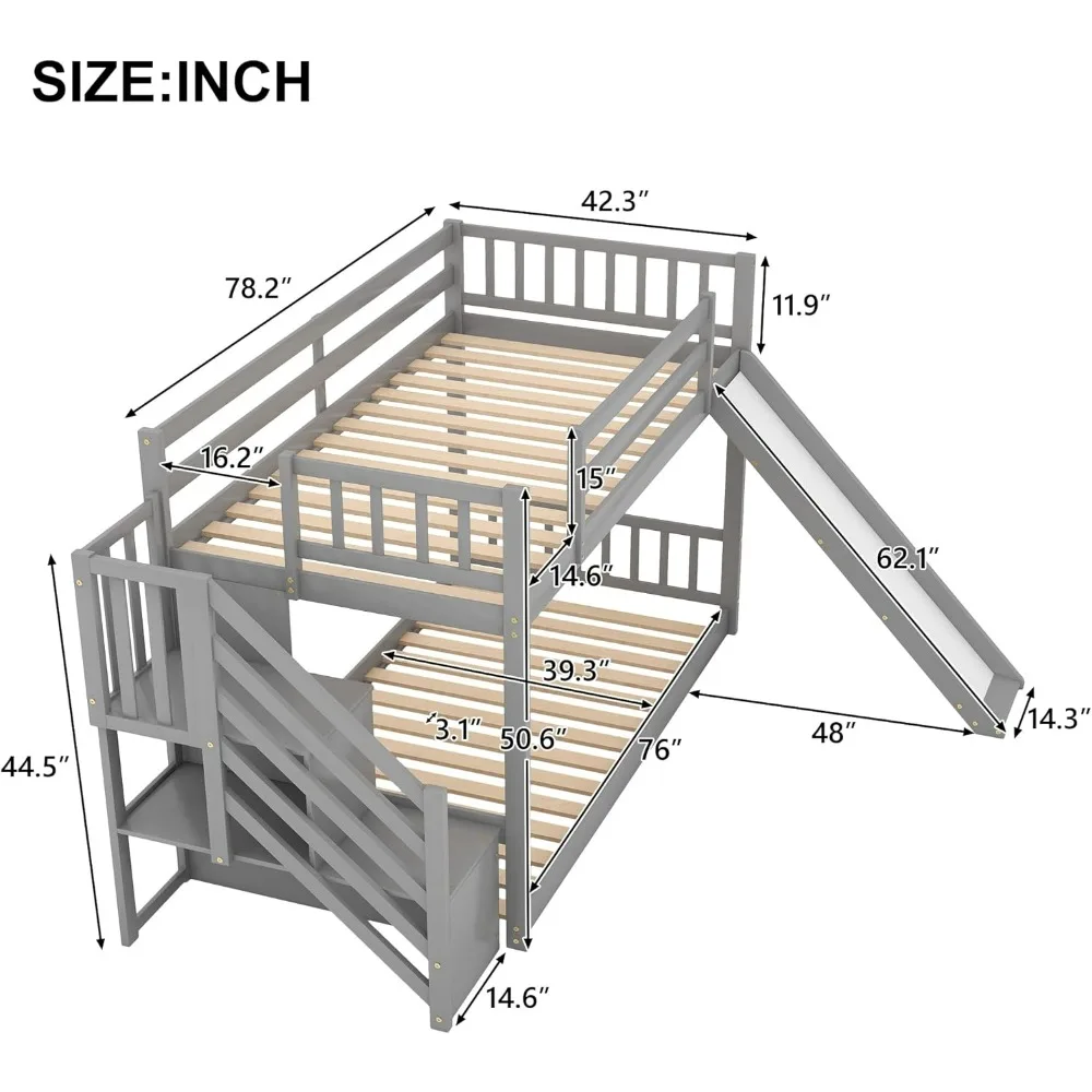 Tempat tidur susun rendah kembar atas dengan Slide konversi tempat tidur lantai montesori dengan tangga, abu-abu 92.8 inci P x 42.3 inci L x 50.6 inci T