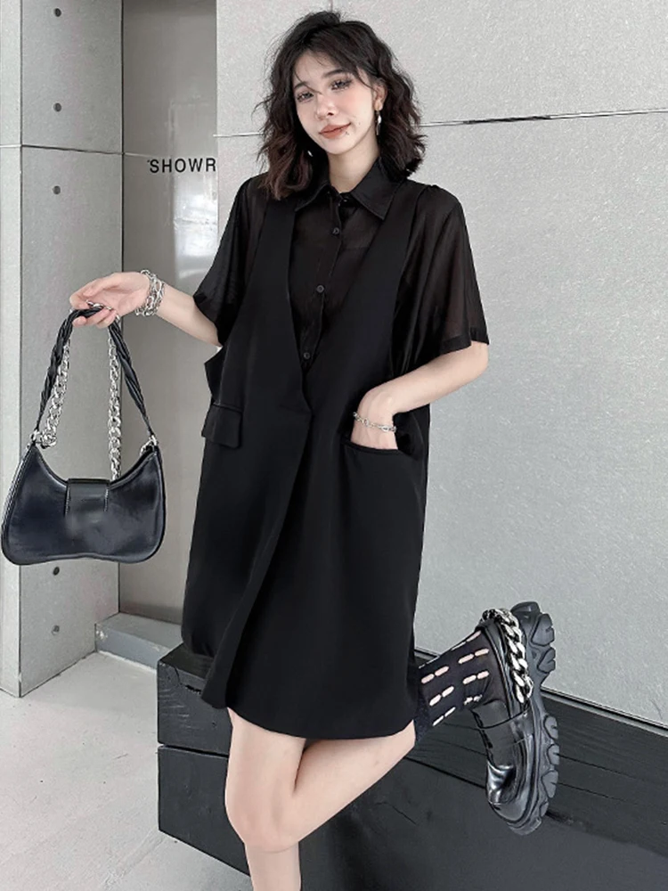 [EAM] Women Black Pocket Perspective Big Size Mini Shirt Dress New Lapel Half Sleeve Fashion Tide Spring Autumn 2024 1DH5144