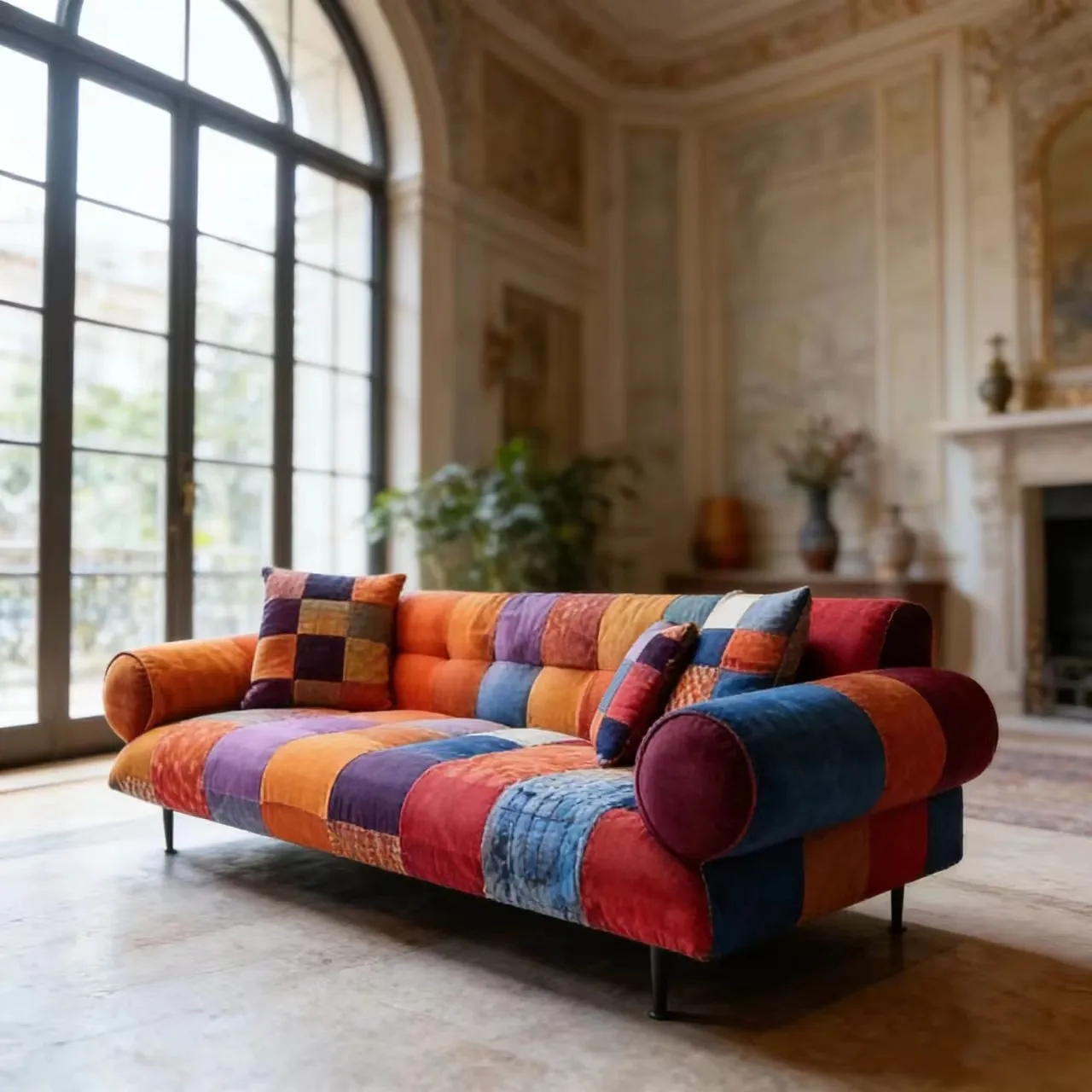 Handmade patchwork color upholstered sofa, suitable for hotels