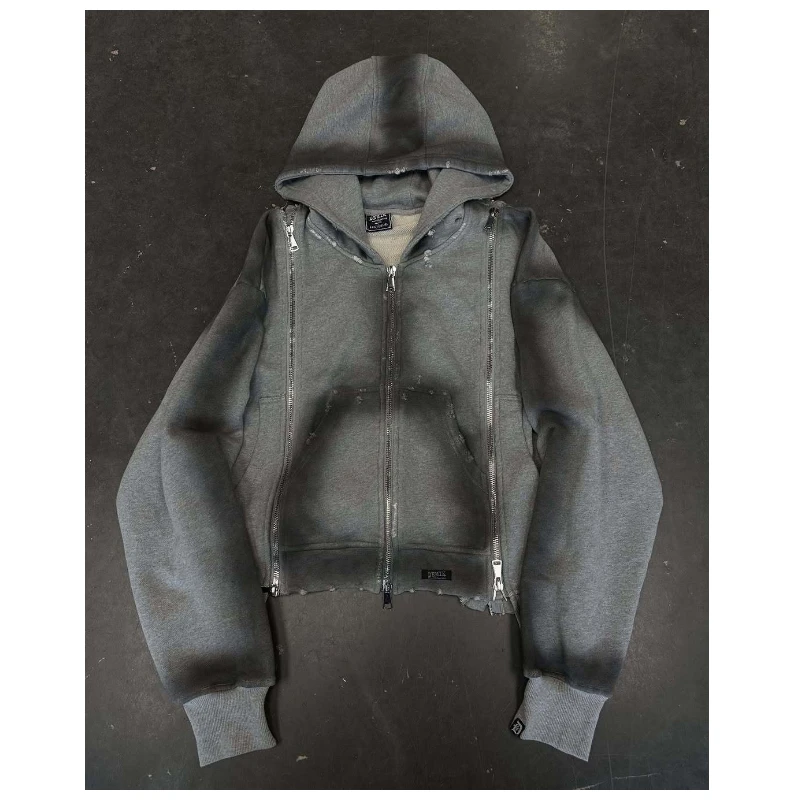 2026 vintage Gothic fashion hooded cardigan tie dye hip-hop loose hooded sweatshirt pants jacket zipper decoration - view 3