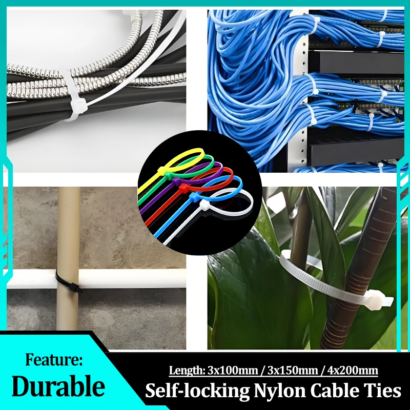 

Plastic Self-locking Nylon Cable Ties 100/150/200mm Cord Strap Adjustable Harness Fastener Home Garden Office Wire Belt Zip Tie