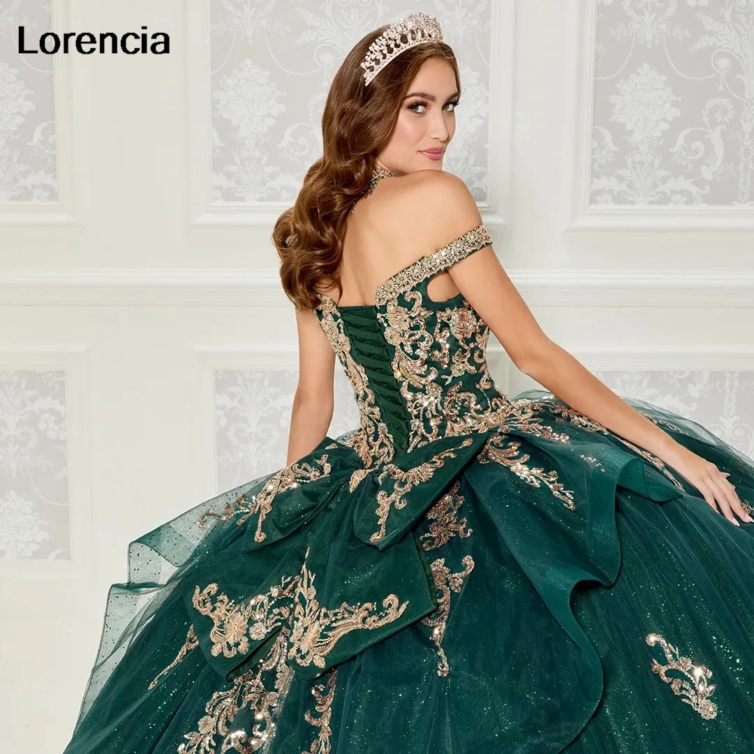 Lorencia-Vestido Quinceanera verde esmeralda brilhante, vestido de baile, aplique dourado com renda, espartilho miçangas, Sweet 16, 15 anos, YQD736 +