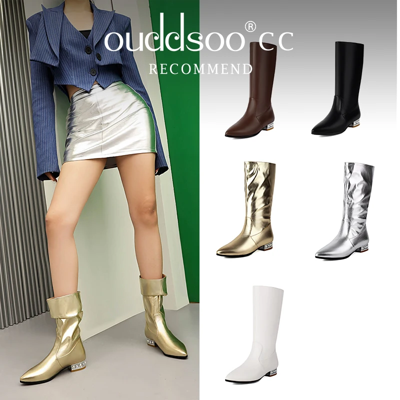 

Ods Pleated Flat Bottom Boots 3cm Pearl Square Heel Winter Pointed PU/Suede Medium Solid color Gold Silver Pointed toe Ankle 48