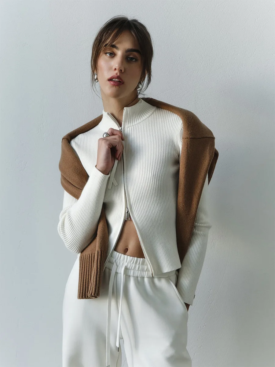 

Bornladies 2025 Autumn Winter New Womens Stand Collar Sweaters Slim Long Sleeve Double Zipper Knit Cardigan Warm Outerwear