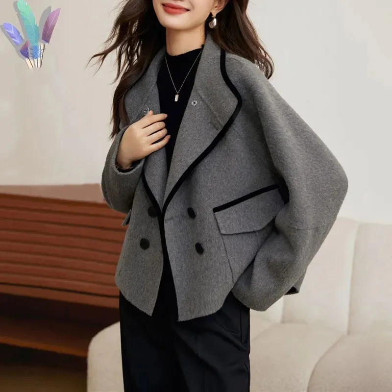 Autumn Winter Ladies Double-breasted Woolen Coat 2024 Female Solid Color Outwear Korean Women Color Collision Wool Blend Jacket