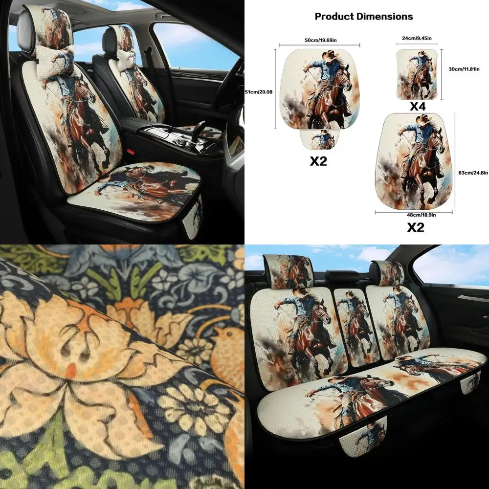 

Bohemian Cowhide Car Seat Covers, 5-Seat Set with Headrests, Vintage Western Style, Breathable & All-Season Protection