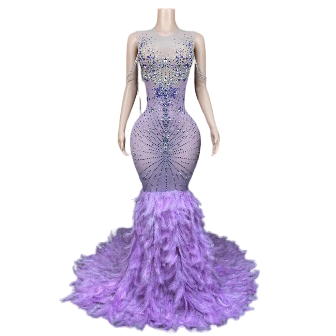 Luxury Rhinestone Feather Mermaid Elegant Evening Birthday Queen Dress For Women Drill Chains Sparkly Singer Night Club Wear