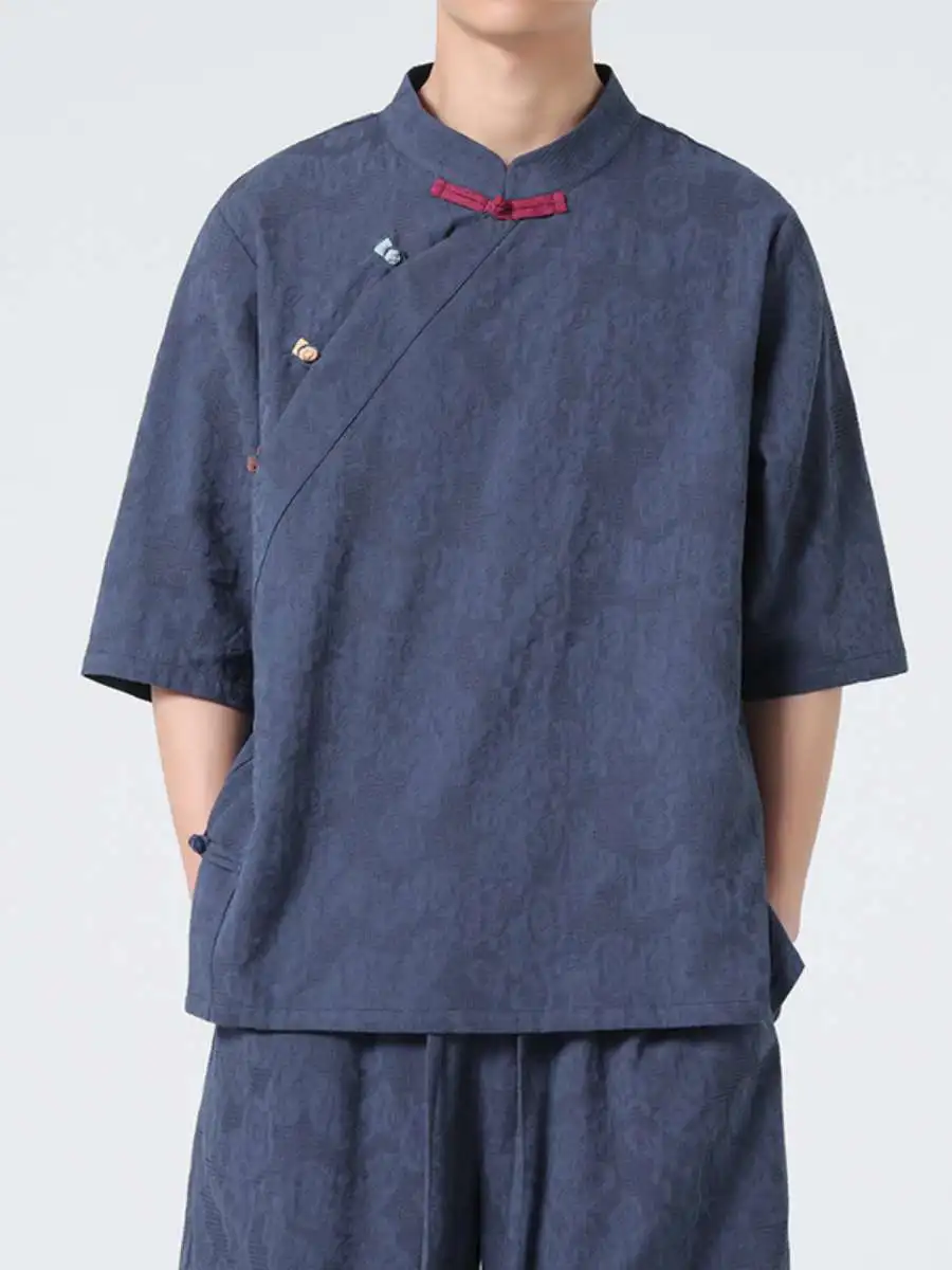 

New Summer Men's Cotton Shirt Button Design Hanfu Style Stand Collar Short Sleeve Floral Print Zen Tea Ceremony Fashion