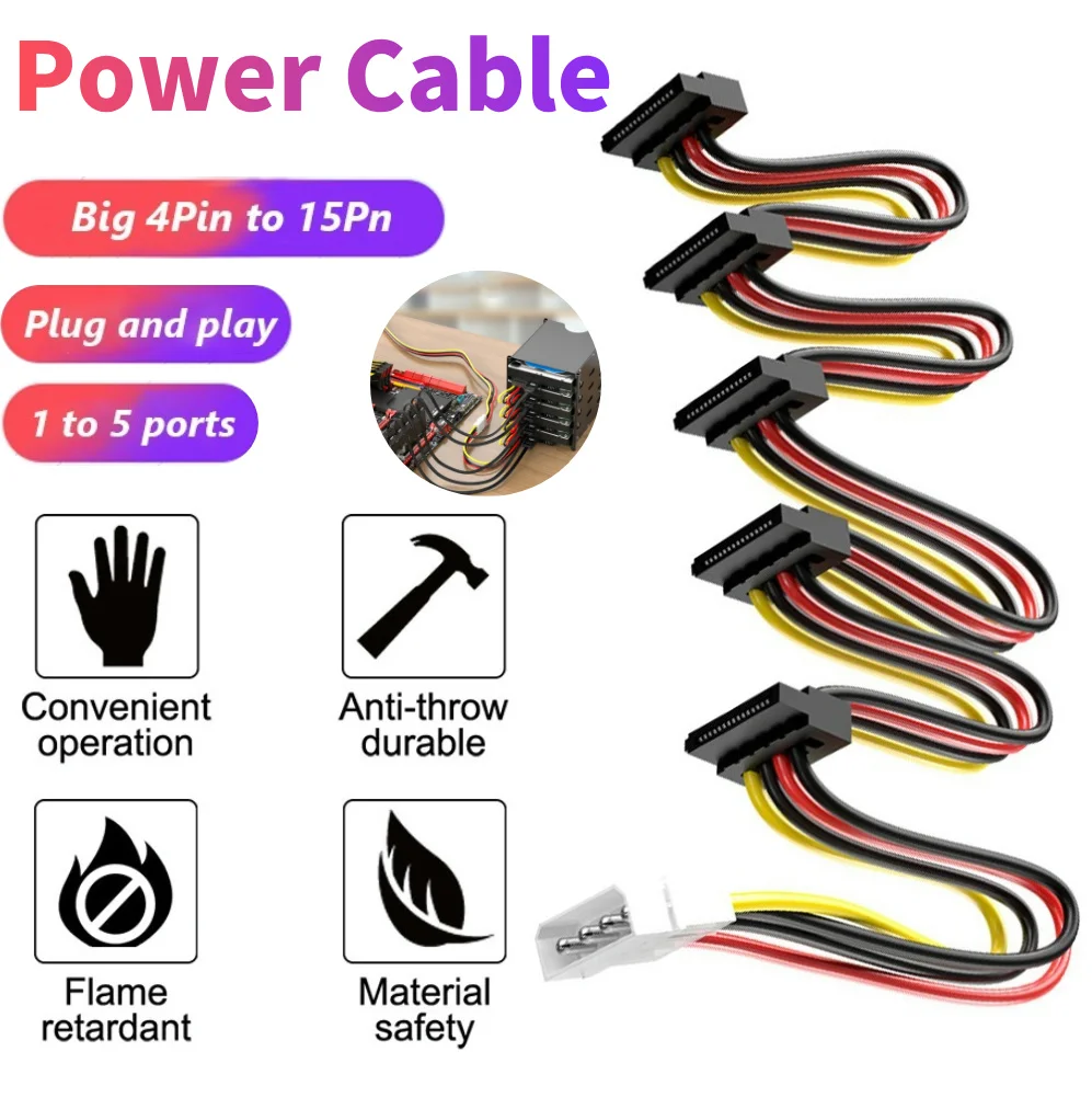 10-1PCS SATA 1 to 5 SATA Hard Disk Power Supply Splitter Adapter Cable Cord 4 Pin to 15 Pin SATA Power Adapter DIY Splitter Cord
