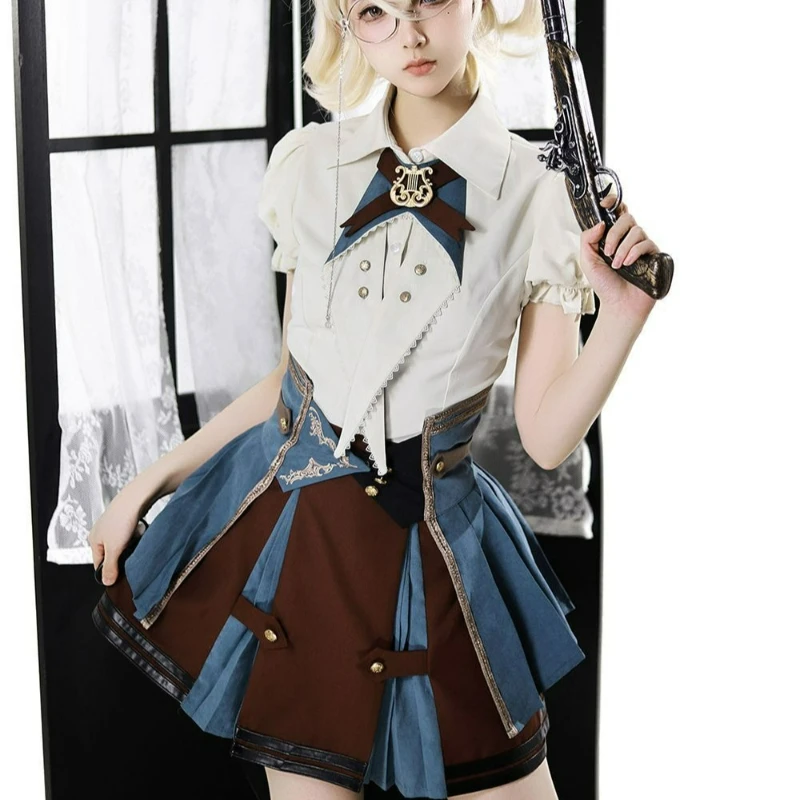 Original Gothic Y2k Lolita 3 Piece Set Women Puff Short Sleeved Shirt A-line Mini Skirt Trailing Girdle Cosplay Prince Costumes