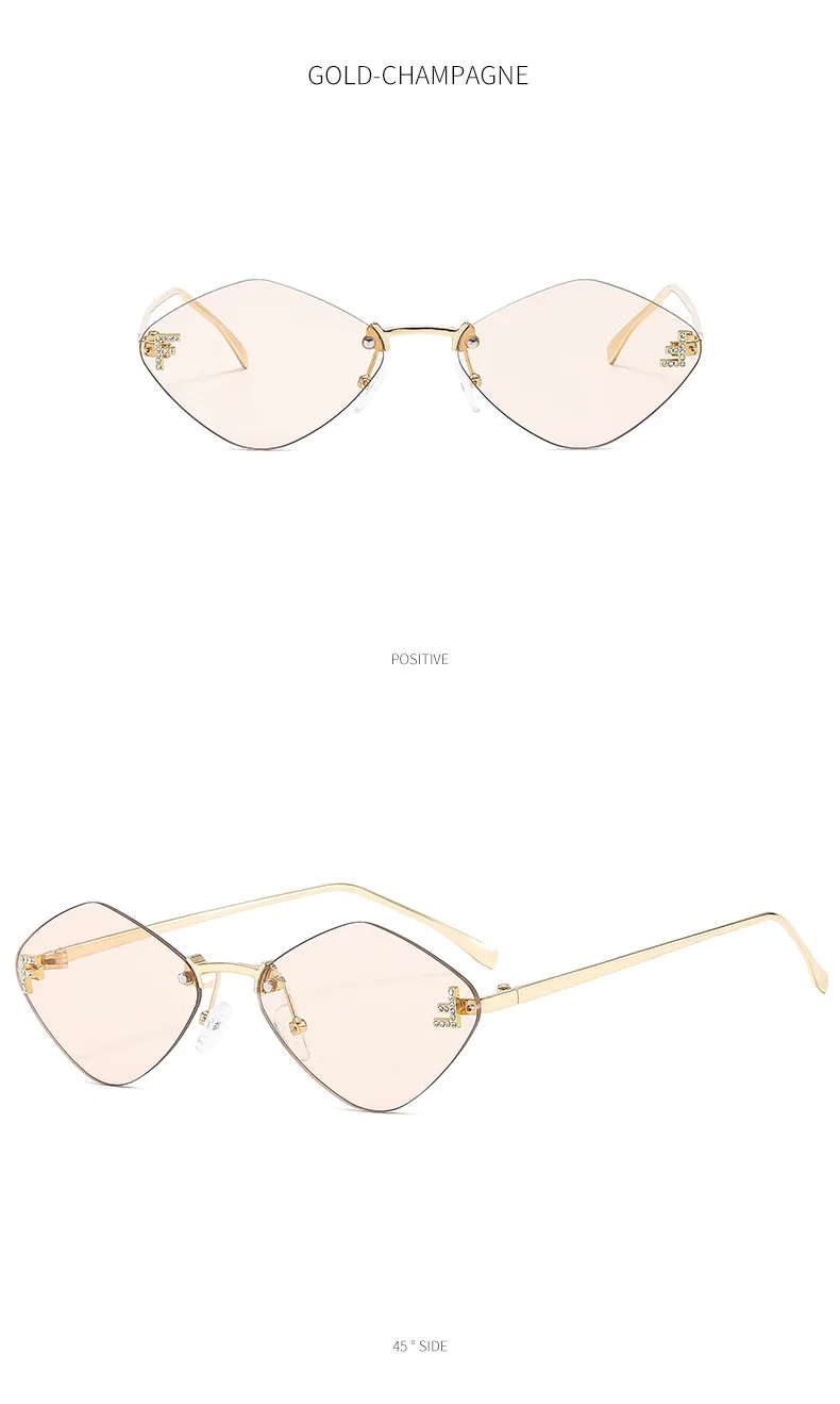 Trendige randlose rautenförmige Sonnenbrille F Damen-Sonnenbrille der Luxusmarke Damen klassische elegante Brillenschirme – Detail 8