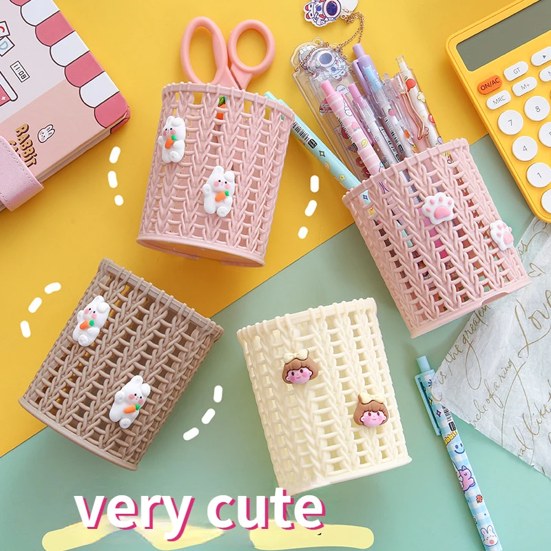 Creative Imitating Rattan Pen Holder Cute Pencil Case Box Desk Organizer Makeup Brush Storage Stationery Office School Supplies