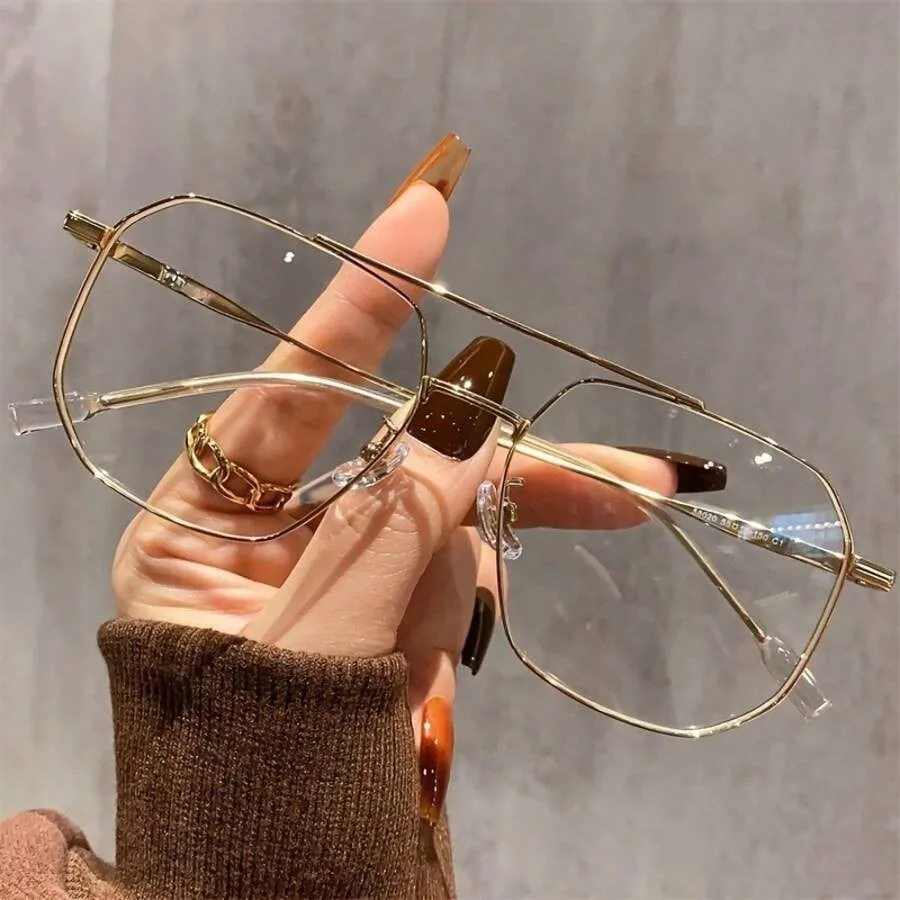 

Retro Unisex Double Bridge Metal Glasses, Full Frame Black & Transparent Decor