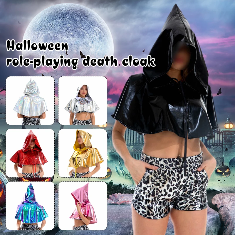 

Women Halloween Hooded Short Cloak Gothic Holographic Metallic Wizard Witch Costume Vampires Grim Reaper Party Cosplay Cape