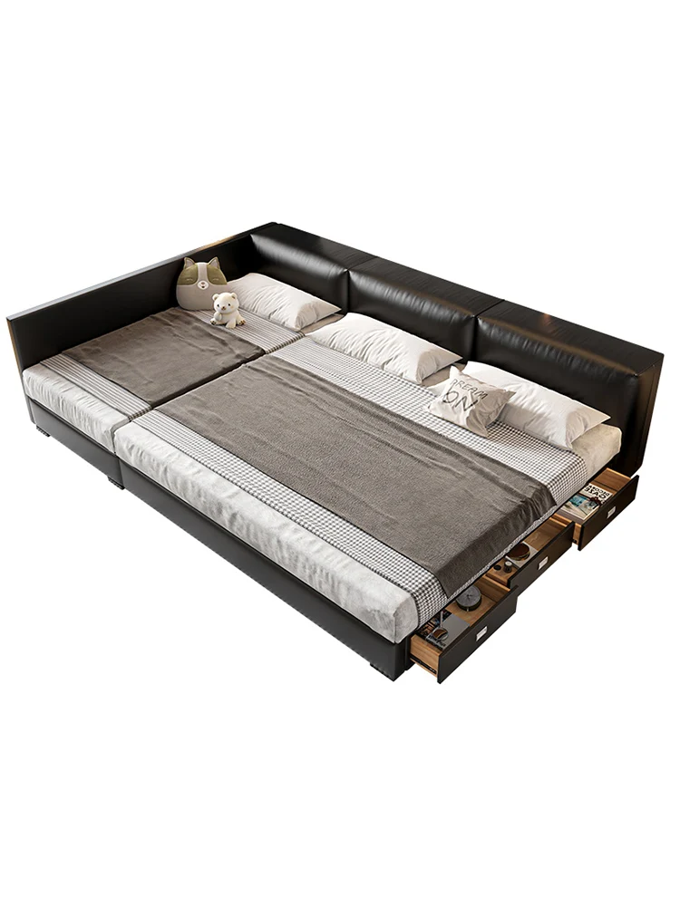 Italian minimalist parent-child bed, master bedroom, leather modern minimalist child and mother splicing storage bed