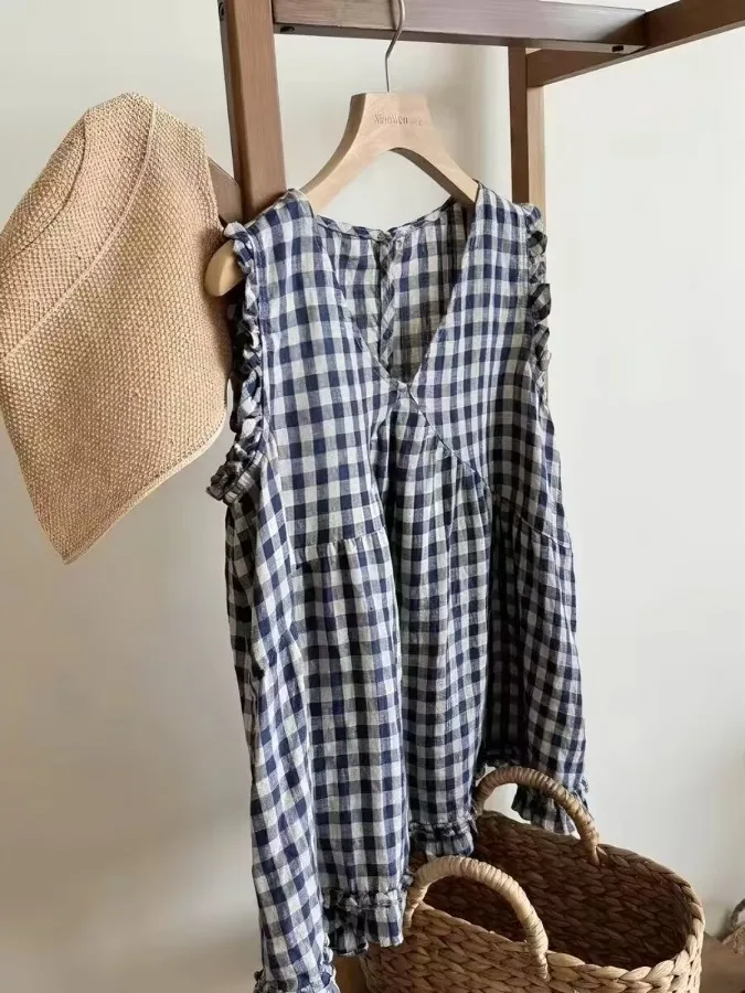 Chaleco sin mangas de lino a cuadros azules para mujer, corte holgado, estilo coreano versátil que desafía la edad, top de verano con cuello en V, ropa informal