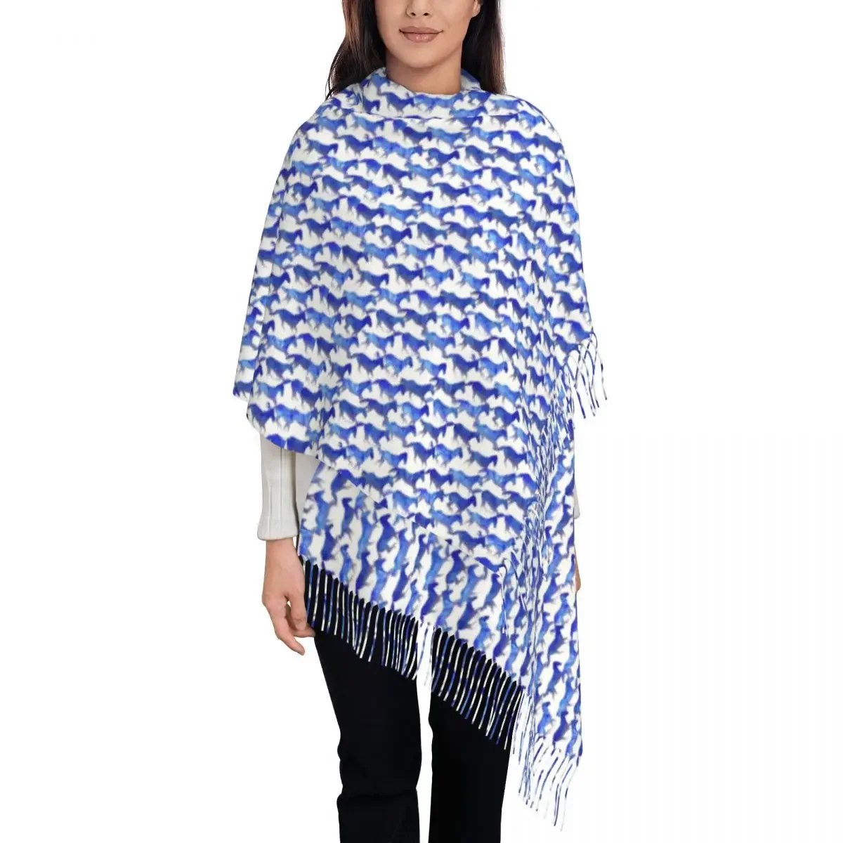 

Watercolor Horse Scarf with Long Tassel Blue Animal Print Outdoor Shawls and Wraps Unisex Head Scarves Autumn Retro Foulard