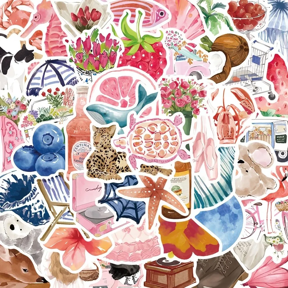 50Pcs Cute Pink Watercolor Waterproof Stickers DIY Decals for Diary Scrapbooking Phone Luggage Skateboard