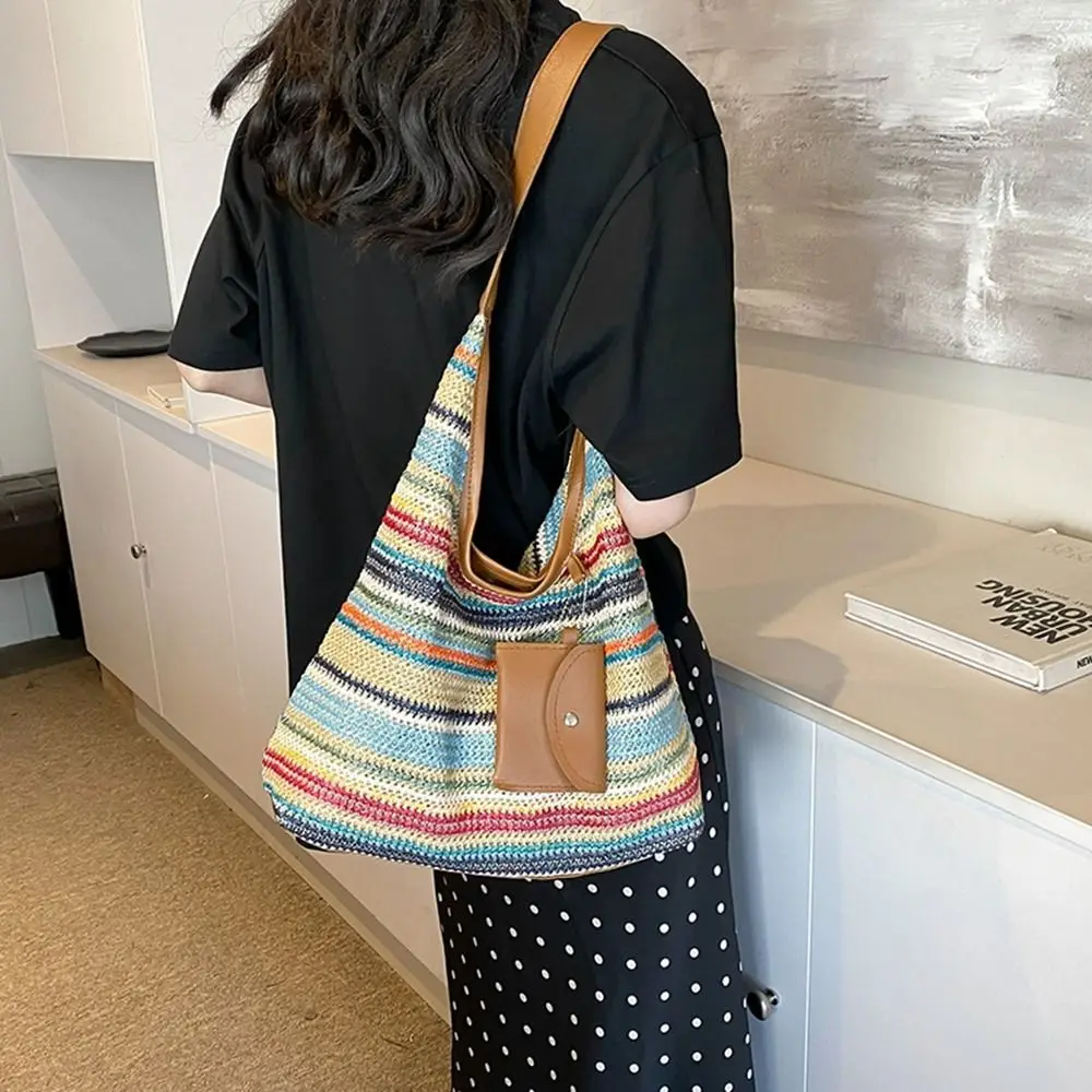 

Trendy Beach Handbag Weave Straw Bag Large Capacity Lazy Style Hollow Tote Bag Bohemian Style Beach Bag Travel