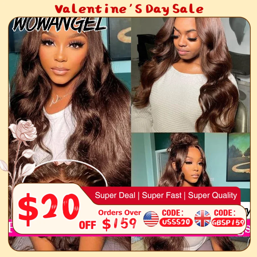 Wow Angel pré-coupé 5x5 HD dentelle fermeture perruques 34in chocolat brun vague de corps sans colle perruques peaux fondues perruques de cheveux humains pour femme