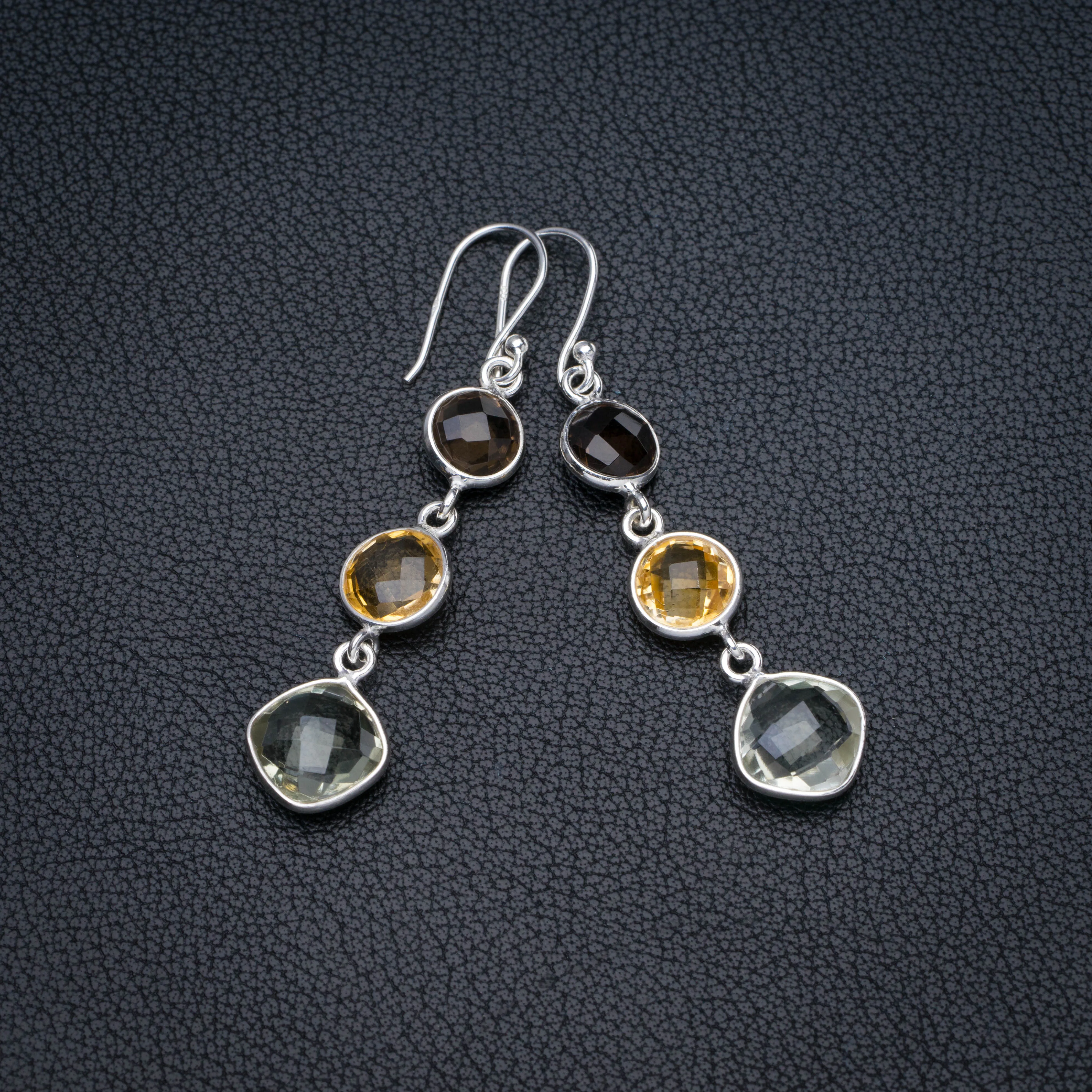 StarGems Natural Green Amethyst,Citrine And Smoky Quartz Handmade 925 Sterling Silver Earrings 2