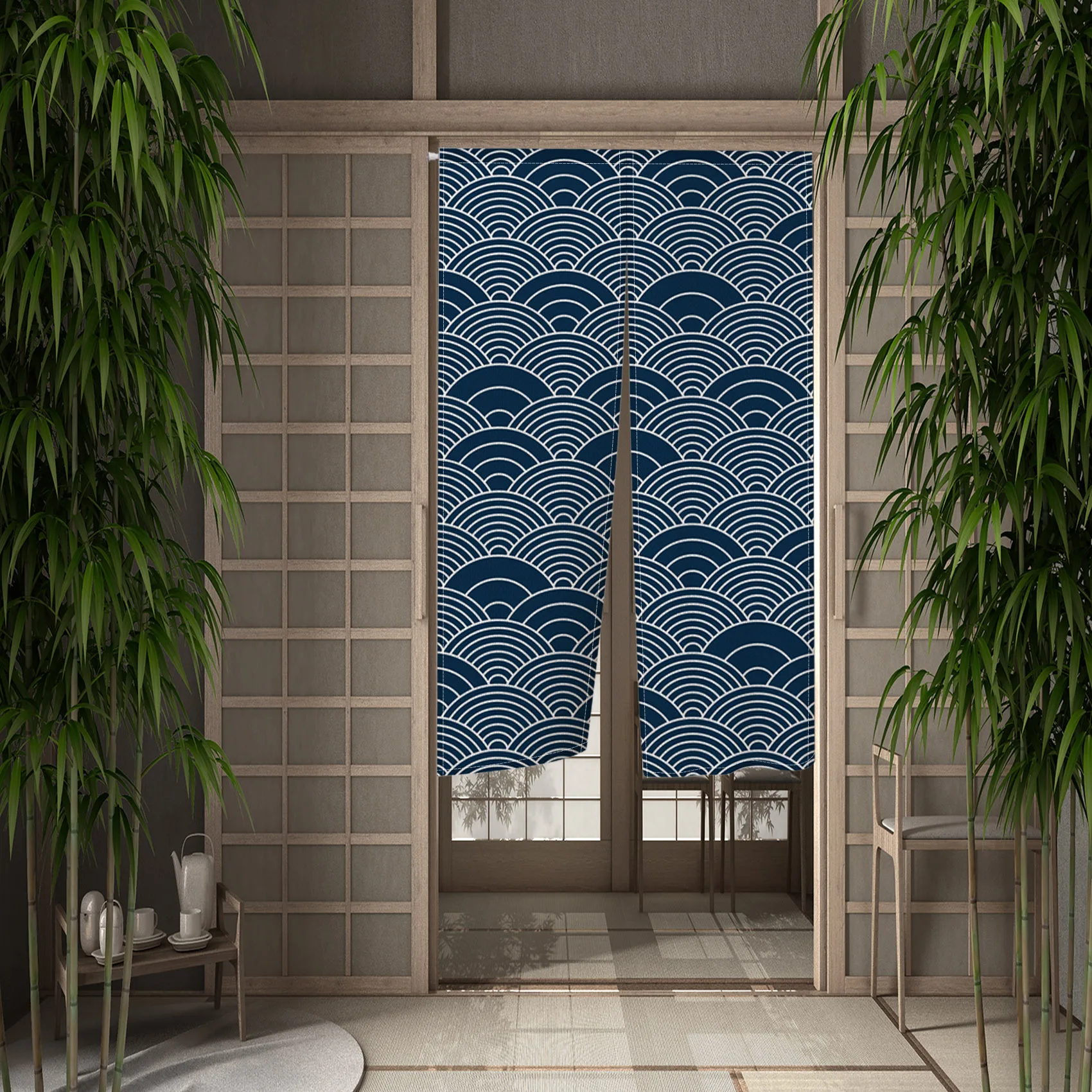 Traditional Japanese Wave Pattern Door Curtain Linen Durable Stylish Bedroom Kitchen Entrance Decor Partition Half Curtain