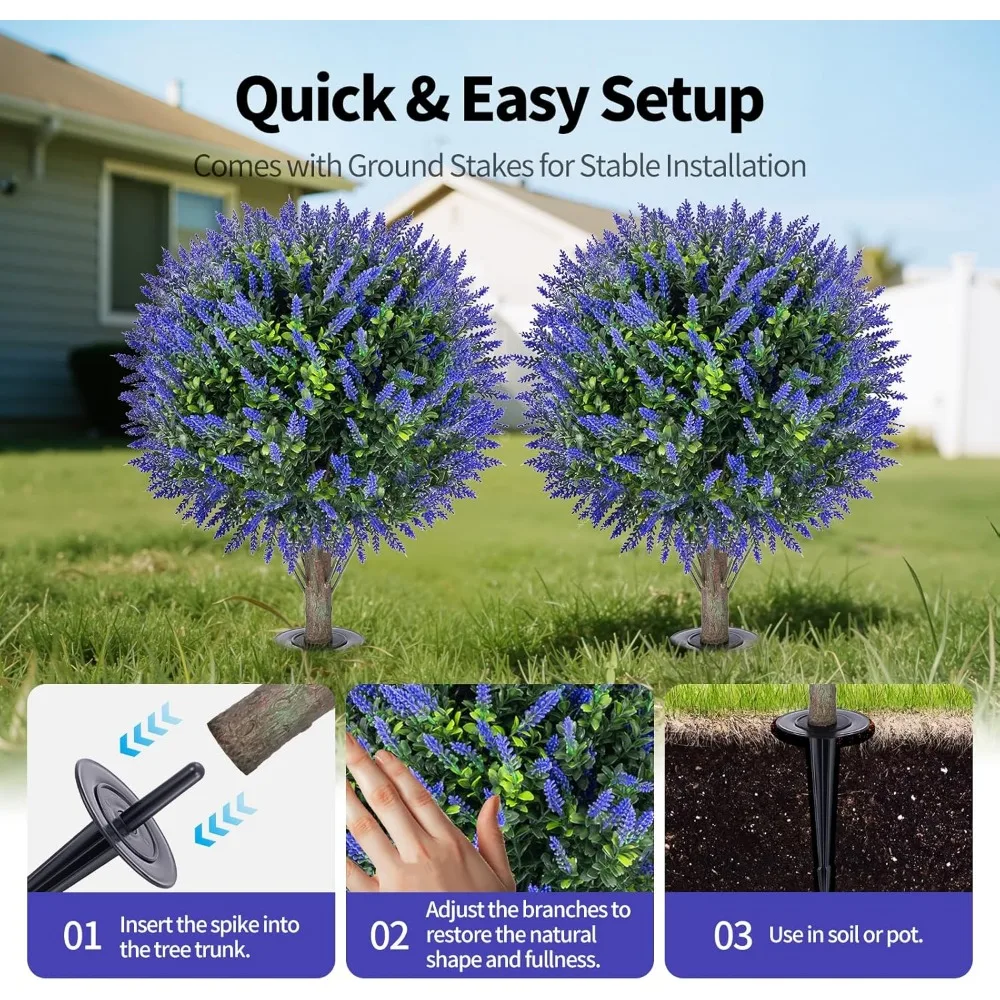 أشجار توبياري من خشب البقس اللافندر الاصطناعي - زوج من 26 شجيرات صناعية دائمة الخضرة مقاومة للأشعة فوق البنفسجية مع مسامير أرضية للديكور الخارجي