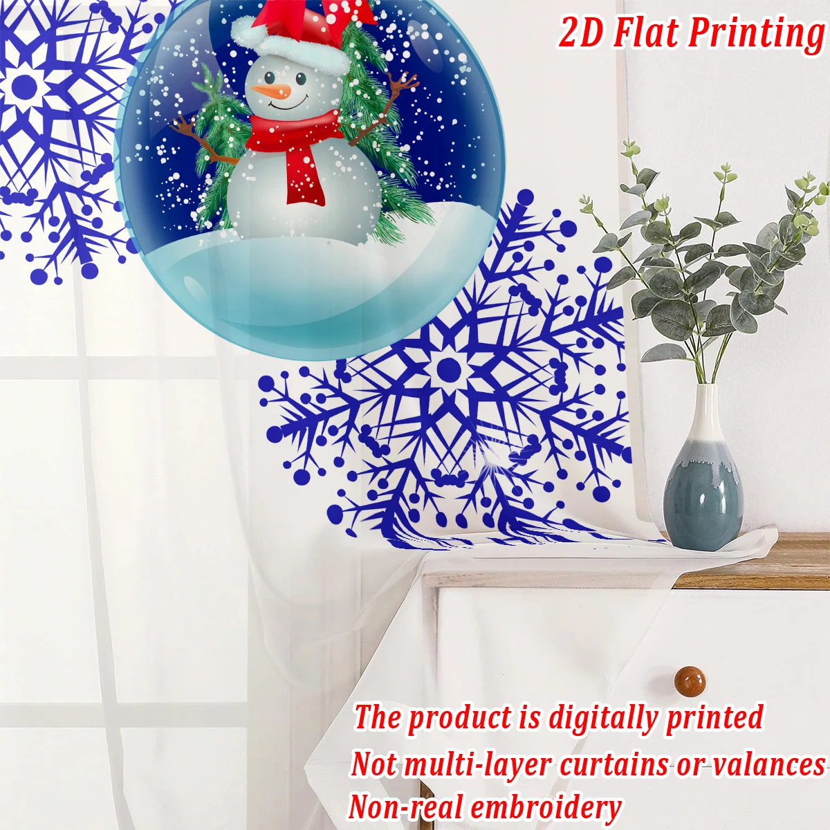 ستارة شفافة مطبوعة مسطحة لعيد الميلاد مع زخرفة رجل الثلج على شكل كرة عيد الميلاد لغرفة المعيشة وغرفة النوم وحفلات العطلات