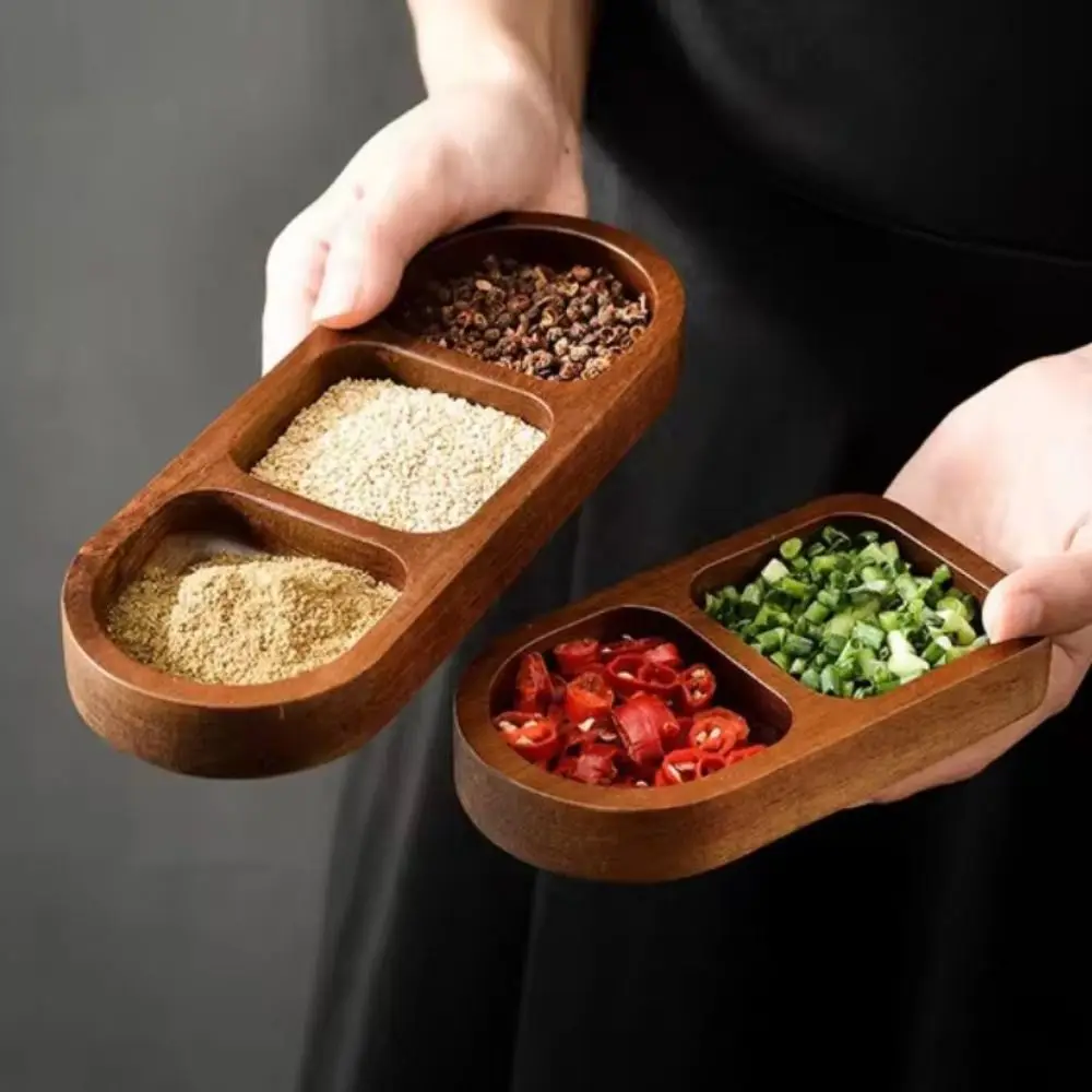 2/3 Girds Wood Soy Sauce Dishes Vintage Japanese-style Condiment Plate Natural Materials Rectangle Dessert Serving Tray