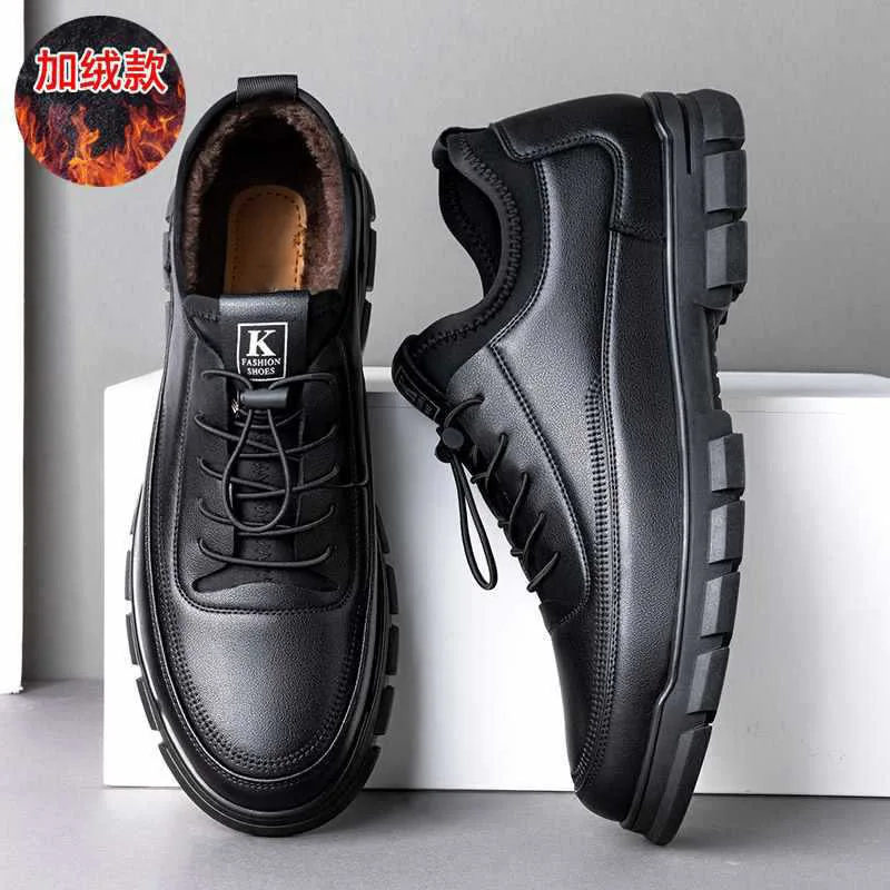 Men's Black Faux Leather Warm Fleece-Lined Lace-Up Sneakers Non-Slip Chunky Sole Comfortable Casual Shoes for Autumn Winter Cold