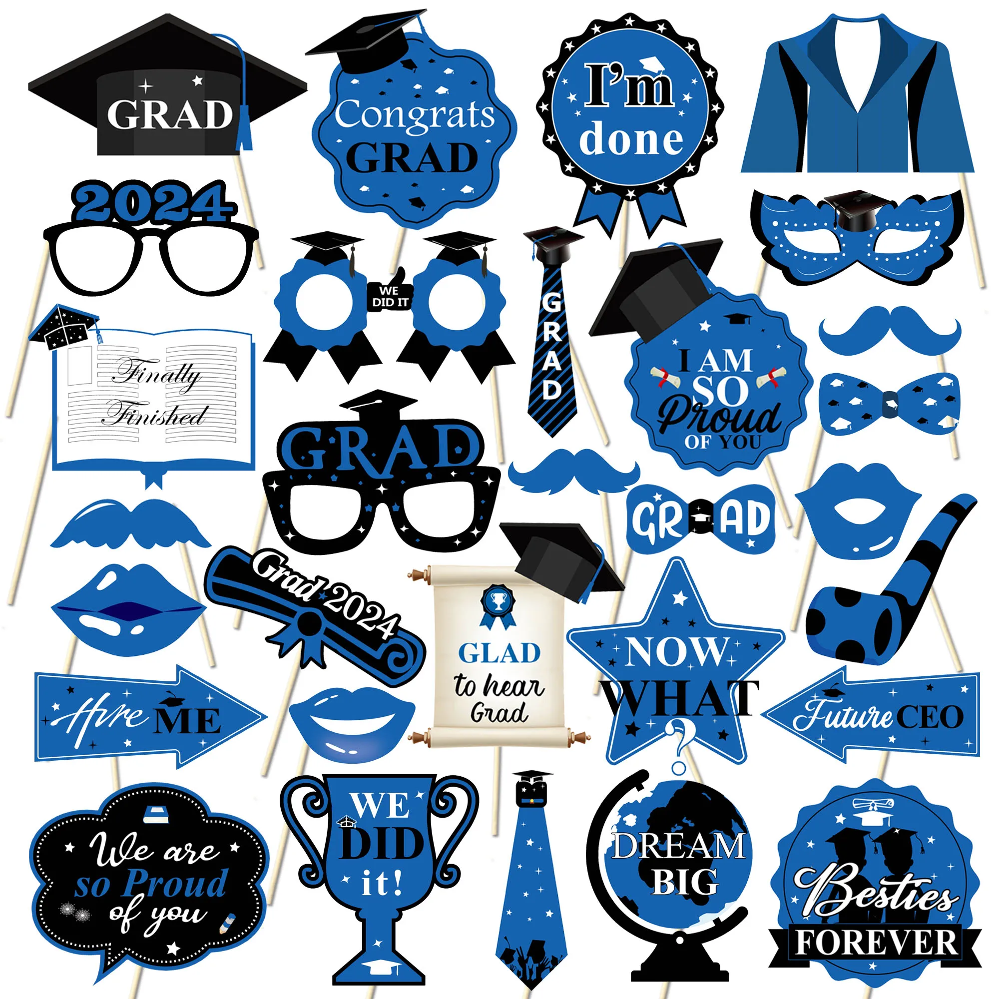 30 pieces of 2024 Black and Blue Graduation Season Photography Props, Beard Glasses, Graduation Party Decoration Supplies