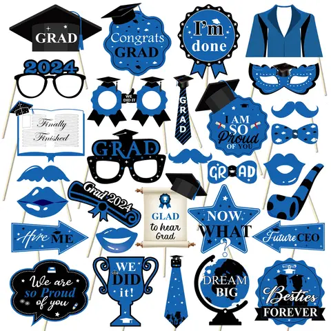 30 pezzi di oggetti di scena per la fotografia della stagione di laurea nera e blu 2024, occhiali da barba, forniture per la decorazione della festa di laurea