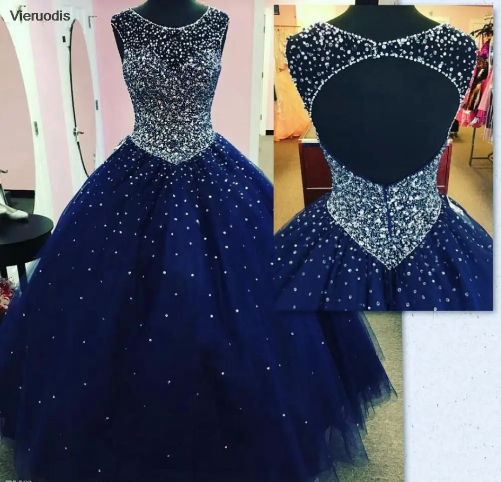 

Shiny Beaded Navy Blue Quinceanera Dresses Sexy Open Back Illision Sheer Neck Tank Tulle Ball Gown Formal Party Vestidos 15 De