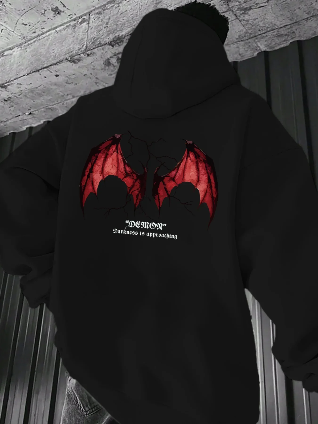 Unisex Gothic Dark Demon Wing Graphic Hoodie, Red Cracked Devil Wings With DEMON Slogan Back Print Loose Casual Pullover