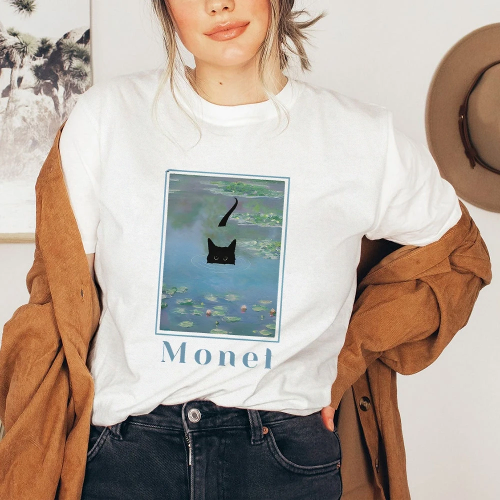 

Летняя дышащая футболка с рисунком Kitty In Monet, винтажная ретро Y2K, модный стиль, негабаритная уличная одежда для женщин и мужчин