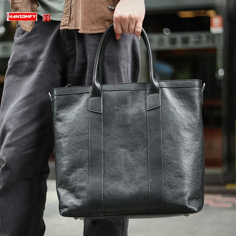 

Soft Black Genuine Leather Men's Handbags Vertical Cowhide laptop Tote Bag Large Business Briefcase Shoulder Messenger Bags