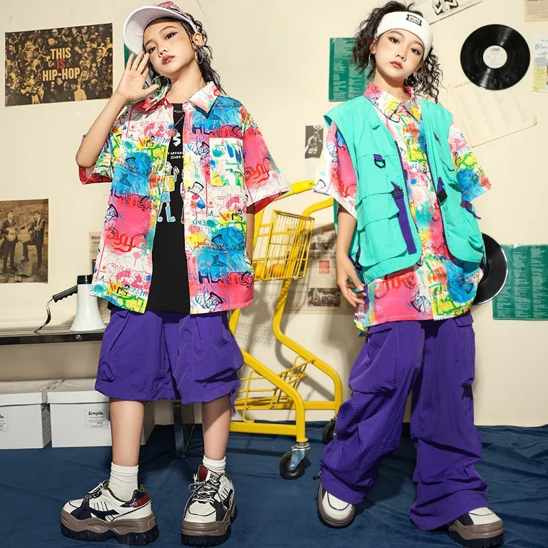 

Детская винтажная рубашка с принтом, уличная одежда, топы для девочек и мальчиков, фиолетовые брюки-карго в стиле хип-хоп для детей, костюм для джазовых танцев, одежда