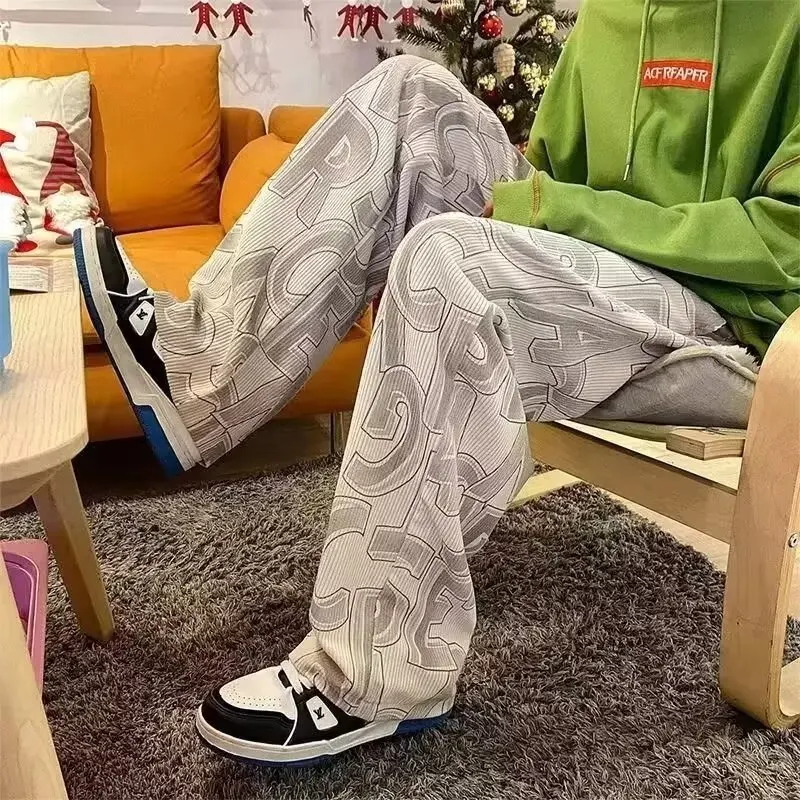 

Men's Loose Straight Leg Casual Pants Autumn Winter plus Size 250 Pou American Sle High Street Hip Hop Wide Leg Long Tro...