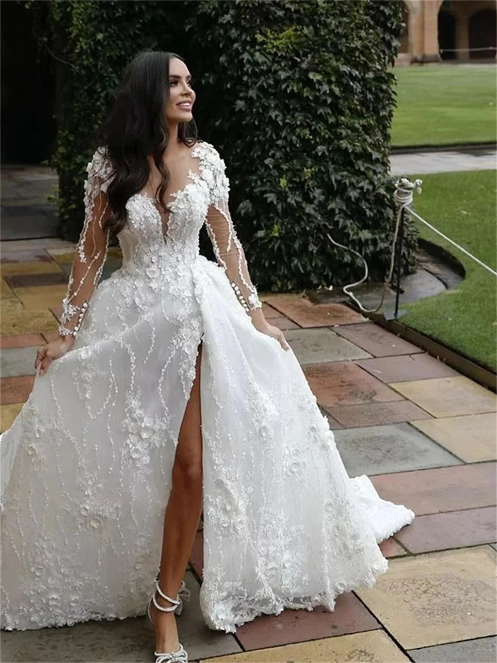 Robe de mariée classique à manches longues avec fente latérale, robe de patients sexy, appliques romantiques, longueur au sol, 2024